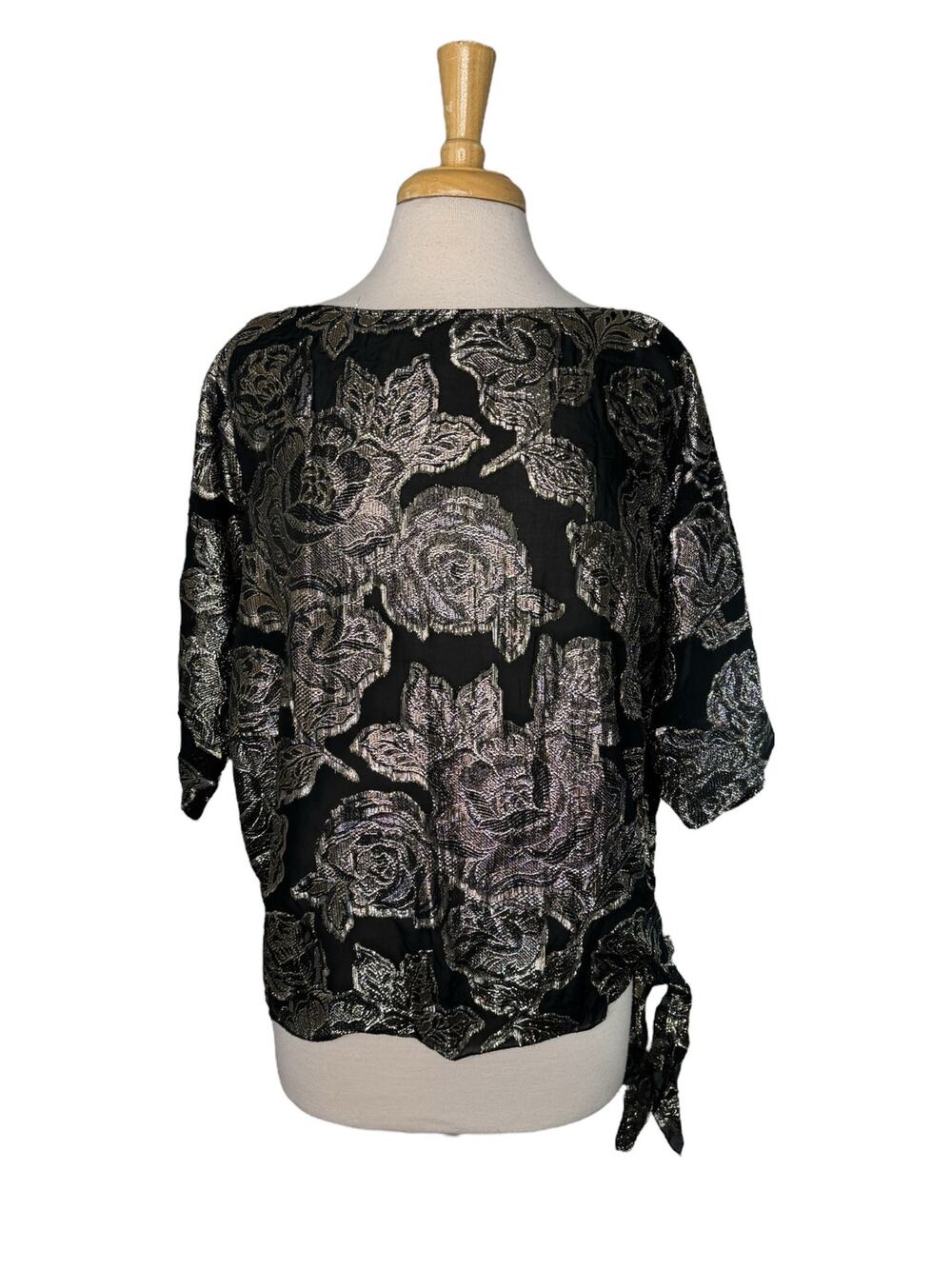 Vintage Metallic Rose Side Tie Lightweight Black Gold Blouse Size Medium TEDDI